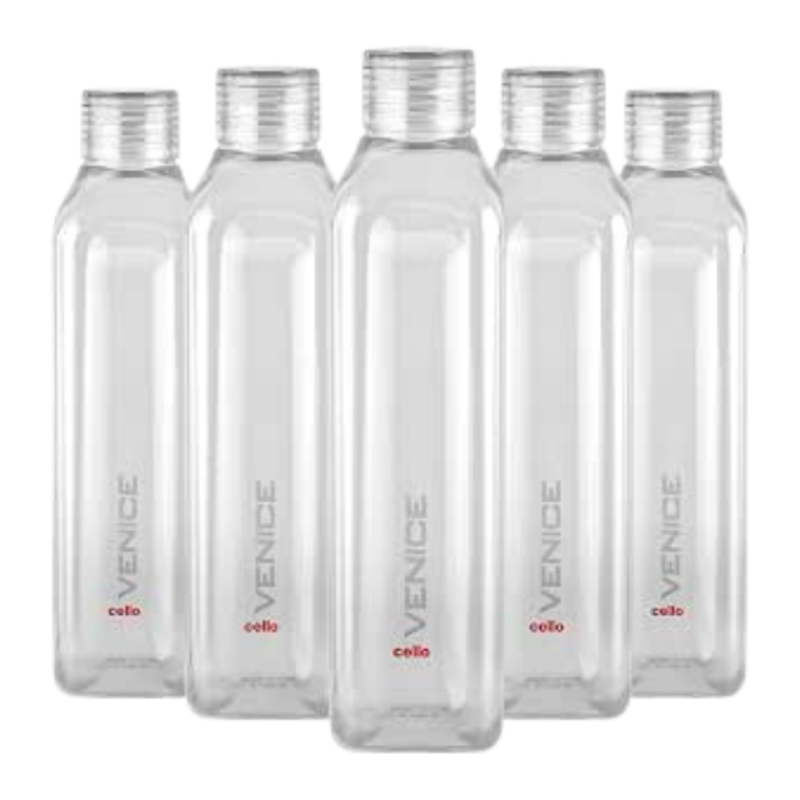 CELLO Venice Exclusive Edition Plastic Water Bottle Set, 1 Litre, Set of 5, Clear