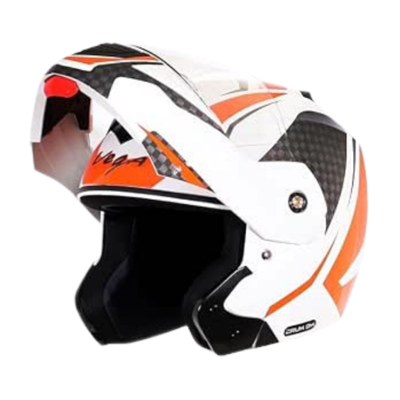 Vega Crux Dx Checks Gloss Smooth Finish Flip-Up Helmet for Men and Women with Clear Visor(White Orange, Size:L)