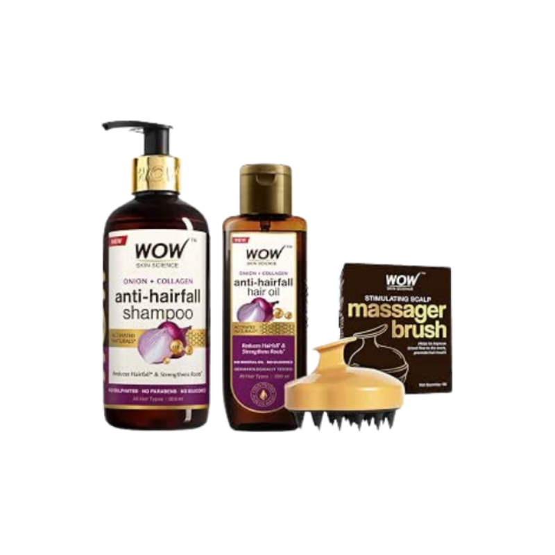 WOW Skin Science Onion Hair Oil With Black Seed Oil Extracts + Onion Oil Shampoo + Stimulating Scalp Shampoo Brush for Natural Care & Growth Kit - Net Vol 500mL