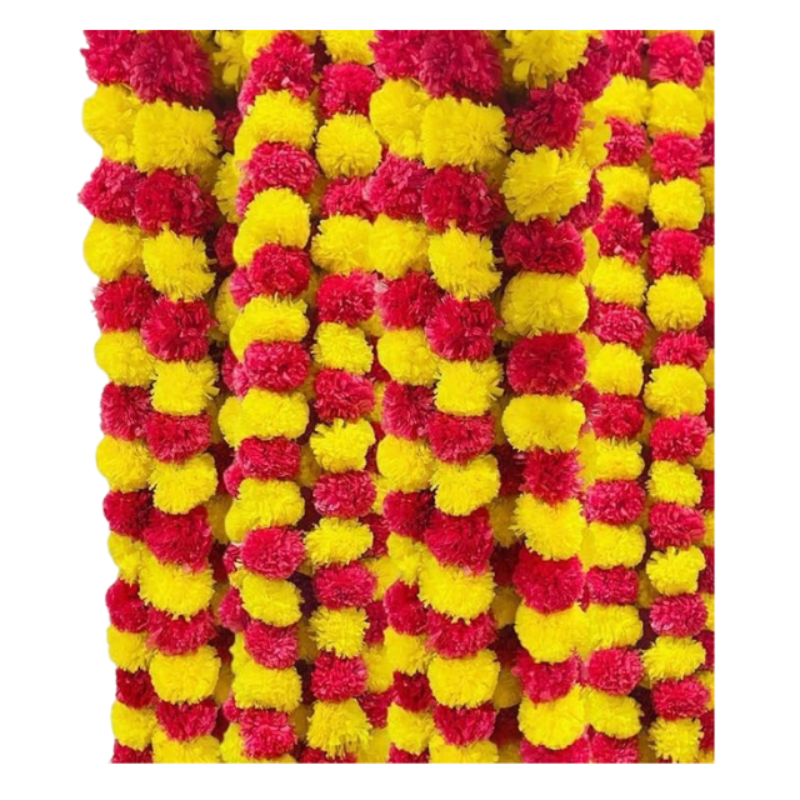 Artificial Marigold Garlands for Decoration - Yellow and Red Mix (4.5 ft, Pack of 5) - Perfect for Indian Festivals, Diwali, Wedding, and Home Decor.