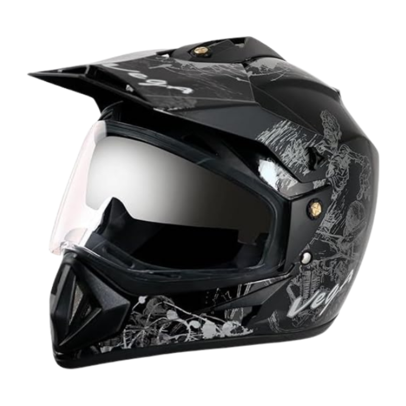 Vega Off Road Sketch Gloss Finish Full Face Dual Visor with Peak Helmet for Men and Women Outer Clear Visor and Inner Smoke Sun Visor(Black Silver, Size:M)