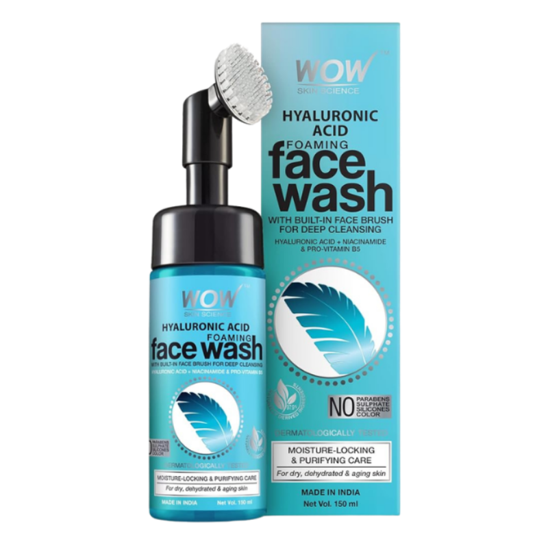 WOW Skin Science Hyaluronic Acid Foaming Face Wash - with Built-In Brush - For Moisture-Locking & Purifying Care - 150ml