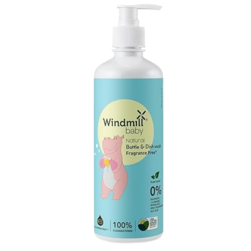 Windmill baby Natural Bottle Cleaning Liquid, Fragrance Free, USDA Certified, No Anti-Bacterial Chemicals, for Feeding Bottles, Accessories, Pump Parts and more - 450ml