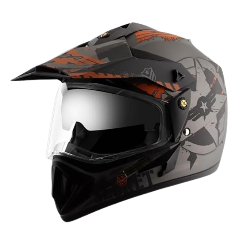 Vega Off Road Secret Matt Finish Full Face Dual Visor with Peak Helmet for Men and Women Outer Clear Visor and Inner Smoke Sun Visor(Dull Anthracite Black, Size:L)
