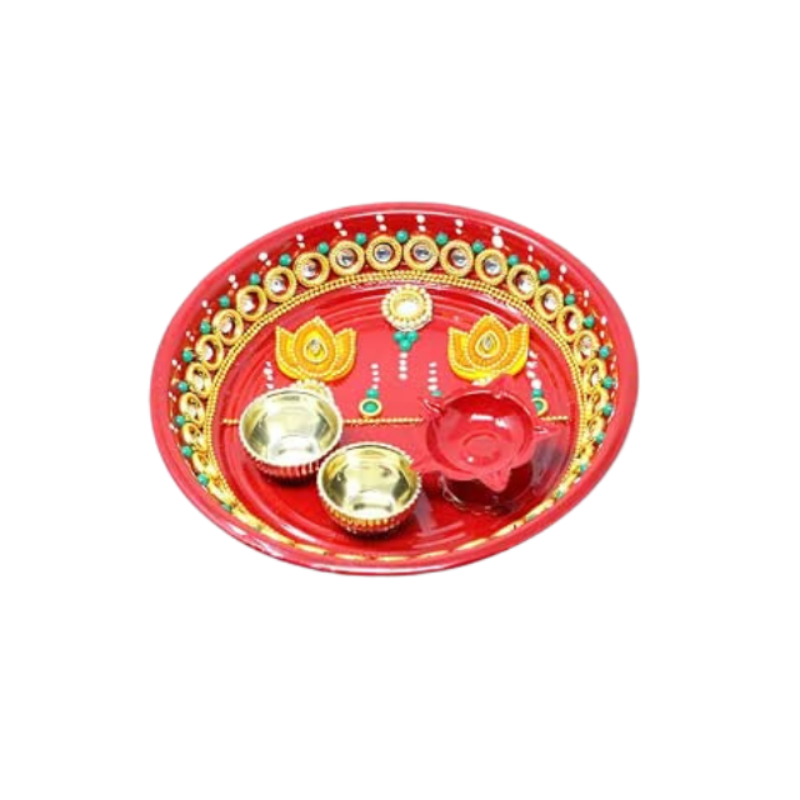 JH Gallery Handmade Decorative Pooja Thali, Puja Plate, Karwachauth Thali Set | Diwali Gift Items | Decorative Items for Pooja | Aarti Thali Decorative - 6 inches(PTS-003)