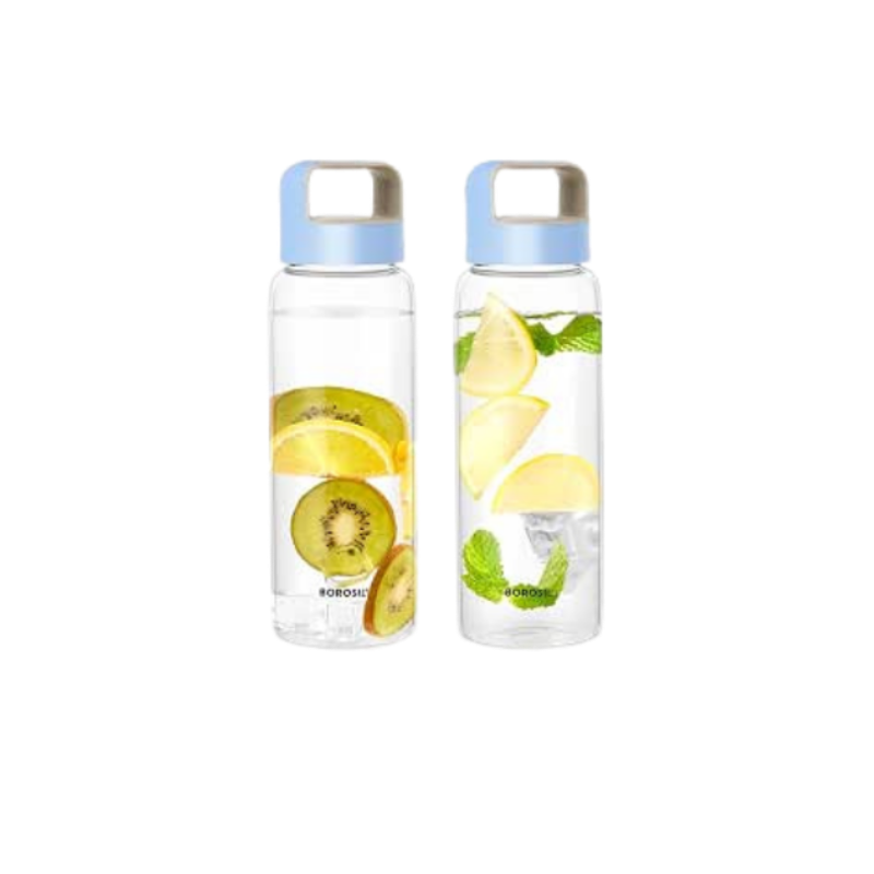 Borosil Crysto Glass Water Bottle, Water Bottle for Fridge 2 pc Borosilicate Glass Extreme Temperature Resistant For Hot & Cold Water, Milk, Lassi, Juice, Blue Husk Lid 750 ml, Stylish & Transparent