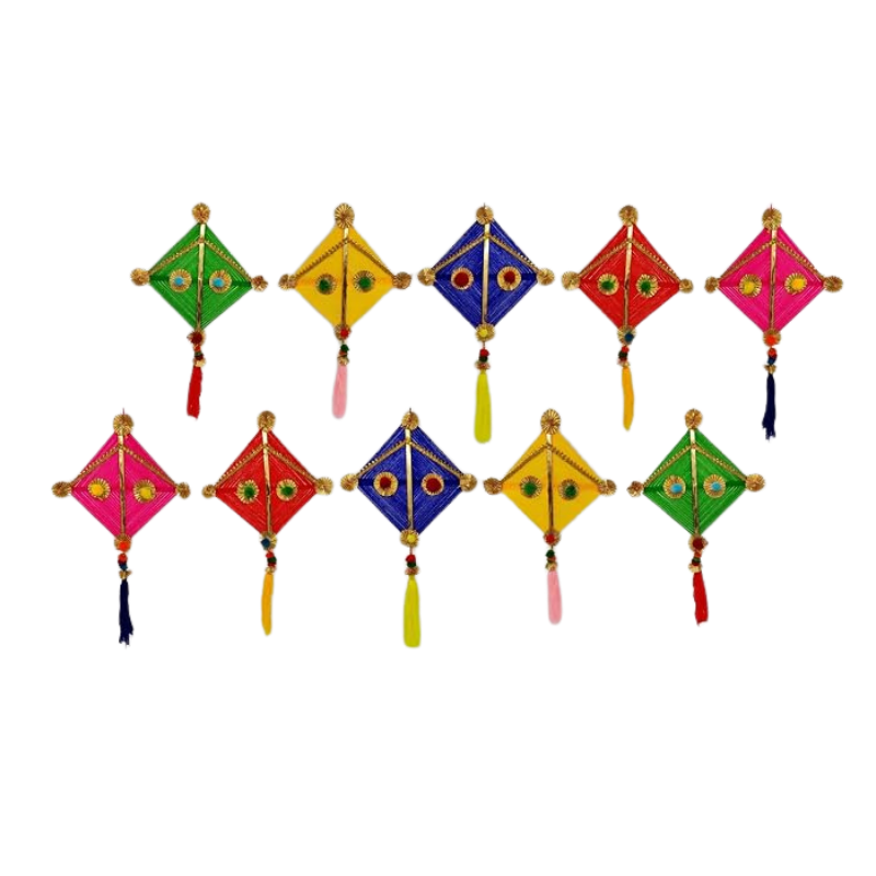 JH Gallery Woolen Handmade Colorful Kite Hanging Decoration for Wall/Door Hanging Home Decor (Pack of 10), Multicolour