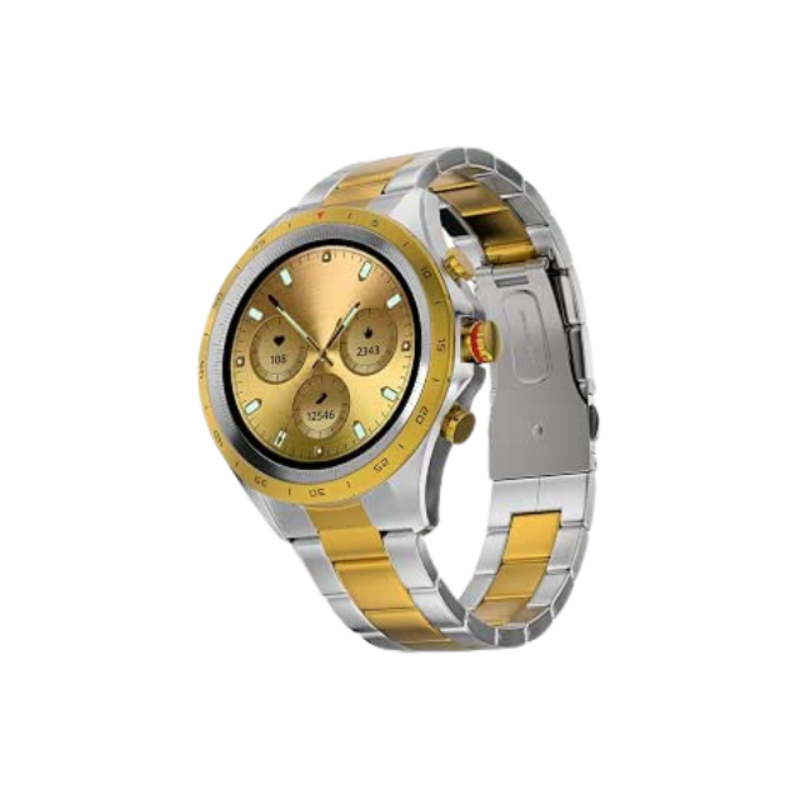 Fire-Boltt Solace Luxury Stainless Steel Smart Watch, 33.52mm (1.32 inch) (33.5mm) Display 360 * 360 px high Resolution with 60Hz Refresh Rate, Bluetooth Calling & 360 Health Monitoring (Gold Silver)