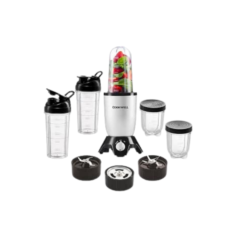 Cookwell 600W Bullet Mixer Grinder | Copper Motor, 5 Jars & 3 Blades (Silver) – 1-Year Warranty