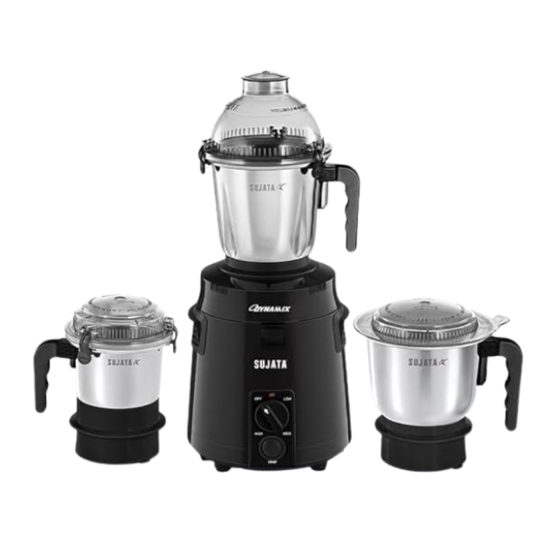 Sujata Dynamix Mixer Grinder|900 Watts Double Ball Bearing Motor|22000 RPM|Non-Stop 90 Mins Running|3 Food Grade Steel Jars - 1500ml Multipurpose, 1000ml Grinder, 500ml Chutney Jar|Black