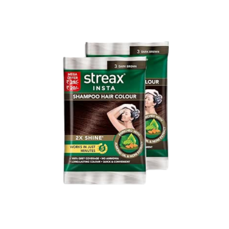 Streax Insta Shampoo Hair Colour For Men & Women | Enriched With Almond Oil & Noni Extracts | Long-Lasting Instant Colour | Dark Brown, 15 ml (Pack of 16)