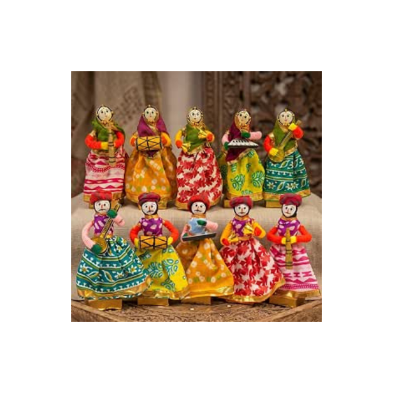 JH Gallery Recycled Material Rajasthani Musician Bawla Puppets Idol 11 x 56 cm Multicolor, 10 Pieces (Male & Female, 4 Inches Height)