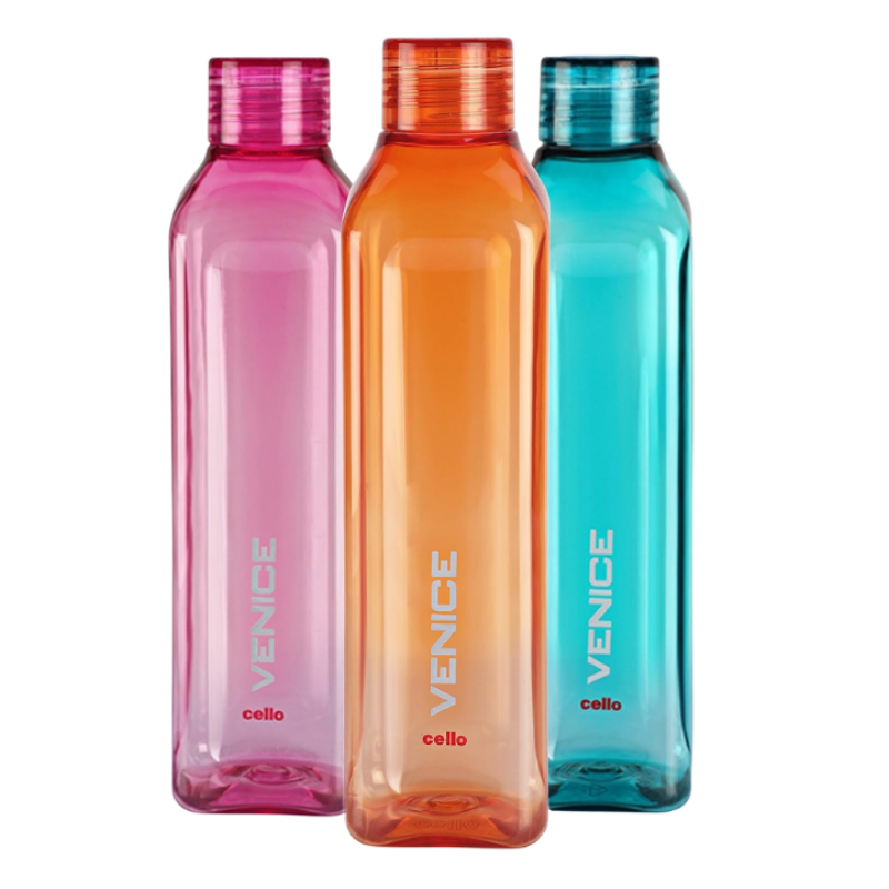 Cello Venice Plastic Water Bottle Set, 1 Litre, Set of 3, Assorted