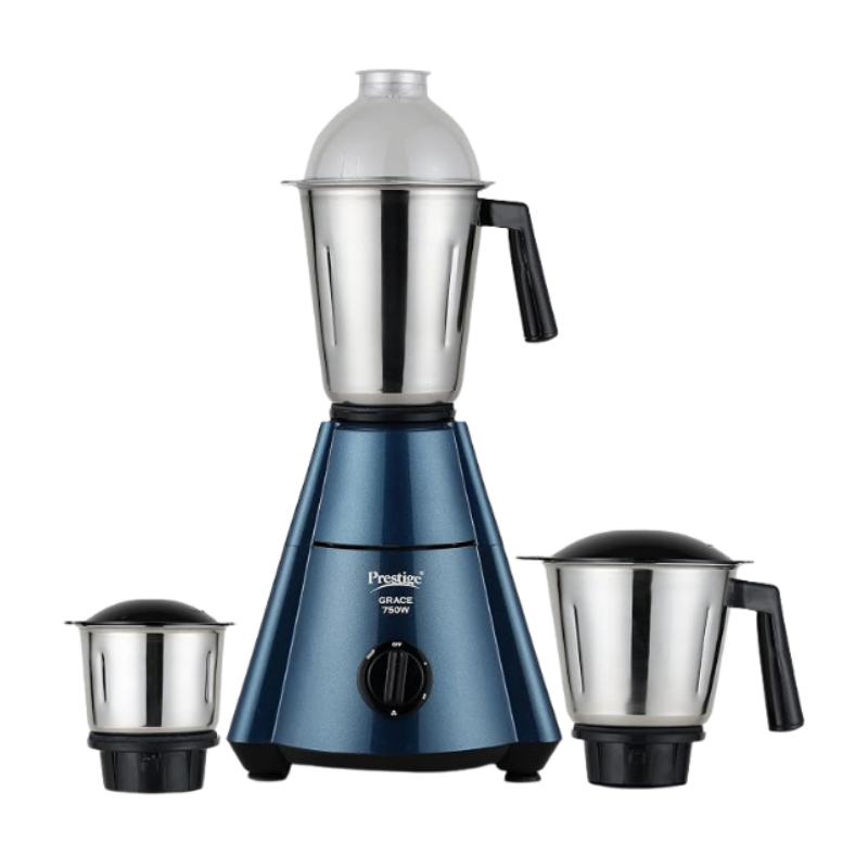 Prestige Grace 750W Mixer Grinder with 3 Stainless Steel Jars|3 Super Efficient Blades|Sturdy Handles|Dome Shaped Lid|Blue & Black