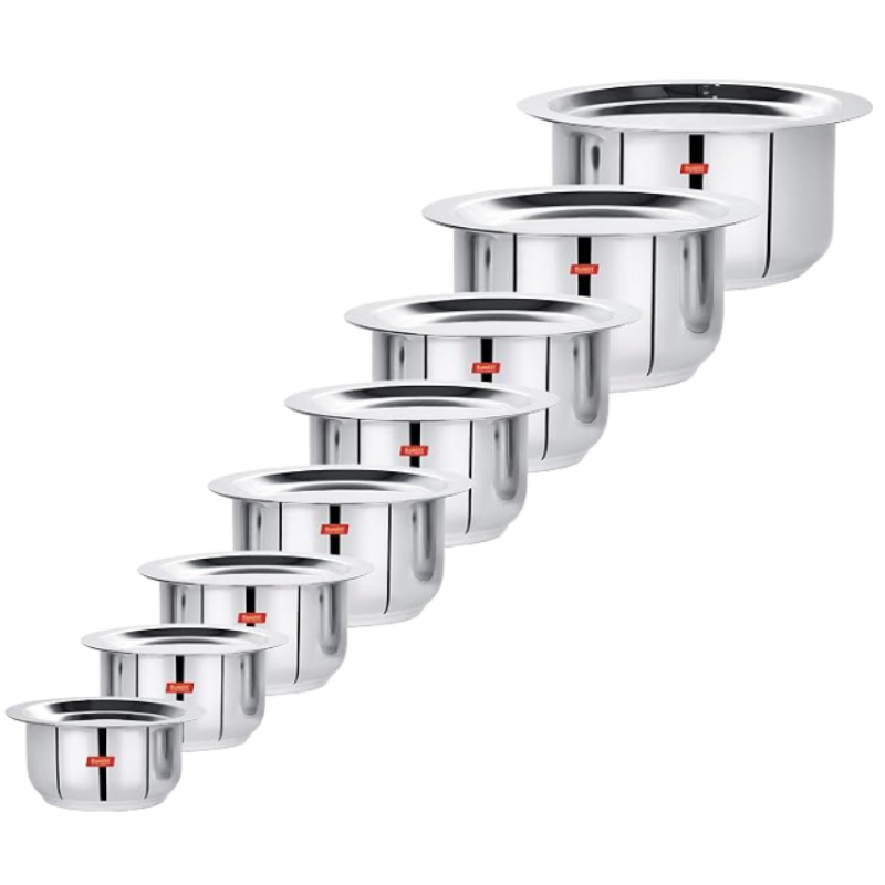 Sumeet Stainless Steel Mini to Big Size Flat Bottom Induction & Gas Stove Friendly Tope/Patila/Cookware Set of 8Pcs with Lids (370ML, 550ML, 800ML, 1100ML,1400ML, 1800ML, 2300ML, 3000ML)