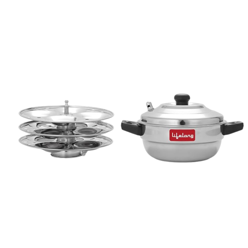 Lifelong Idli Cooker 3 Plate | 12 idlis | Stainless Steel Idli Cooker, Induction and Gas Stove Compatible Idli Maker (LLIDCKR03, Steel Silver)