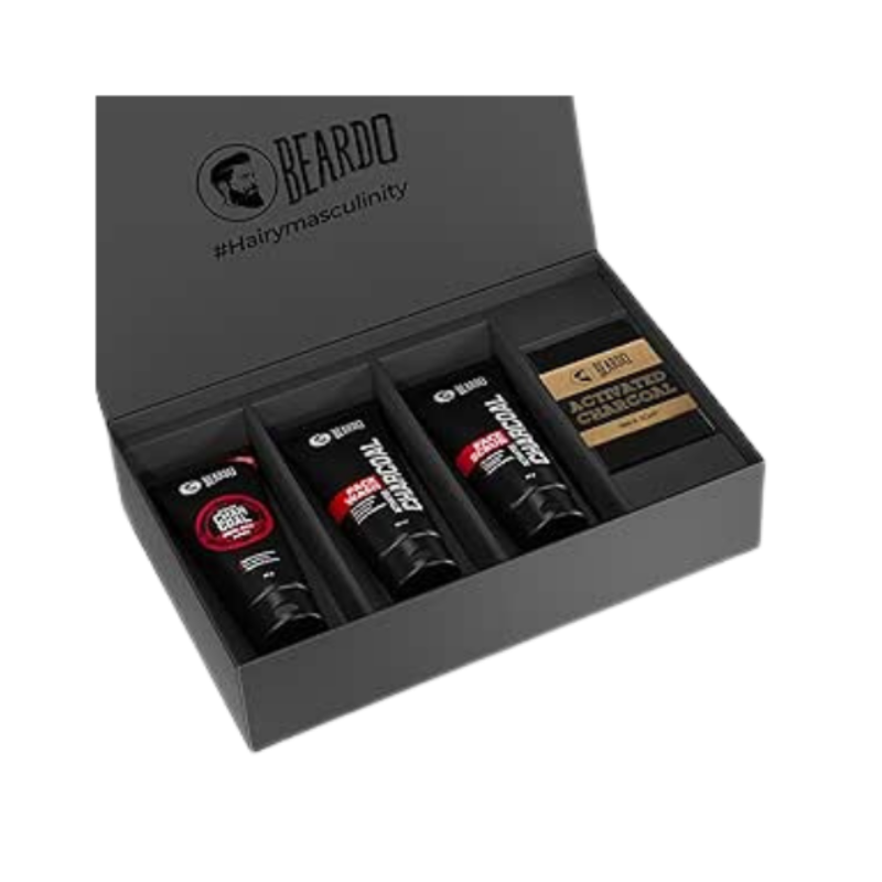 Beardo Charcoal 4-in-1 Giftset for Men | Complete Face & Body kit, pack of 4 (Facewash, Peel-off mask, Scrub, Soap) | Best Gift For Men | Gift for Husband