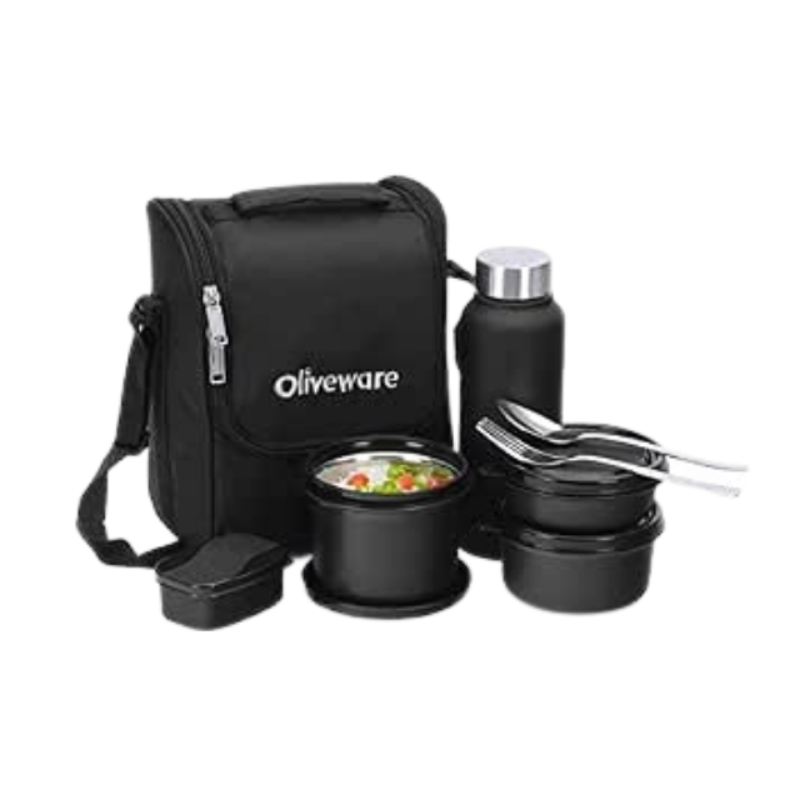 SOPL-OLIVEWARE Teso Pro Lunch Box with Steel Cutlery 3 Microwave Safe Inner Containers with Bpa Free Lids(290Ml,450Ml&600Ml) Plastic Pickle Box(130Ml) Steel Water Bottle(750Ml)-Black,600 ML