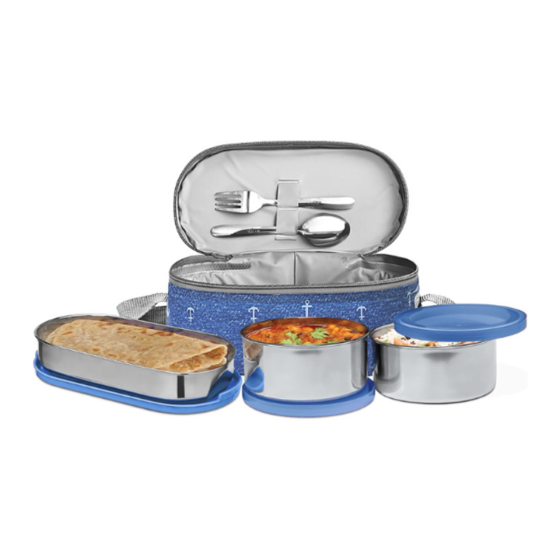 MILTON 6-Piece Lunch Box Set with Insulated Bag & Cutlery - Includes Containers (472ml, 2pcs of 280ml), Keeps Food Hot, 304 Stainless Steel, Ideal for Office & School Tiffin - Corporate - Blue