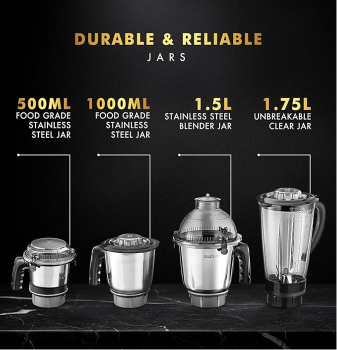 Sujata MG03 Mixer Grinder |1000 Watts Double Ball Bearing Motor|24000 RPM|Non-Stop 90 Mins Running|4 Jars including 1750ml Blender with Coconut Milk Extractor, 1500ml, 1000ml, 500ml Jar| Red & Black